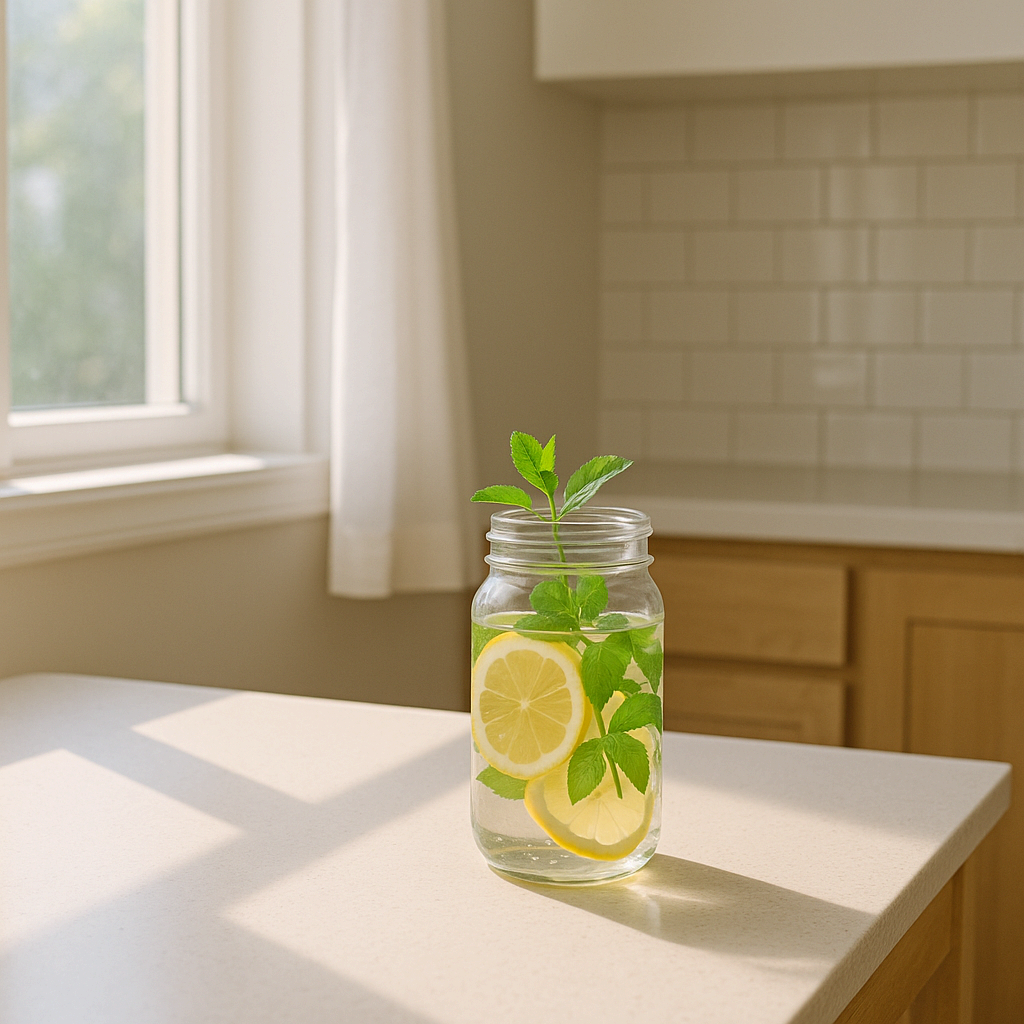 레몬과 허브 잎이 들어간 유리병 허브워터가 햇살 아래 놓인 주방 창가