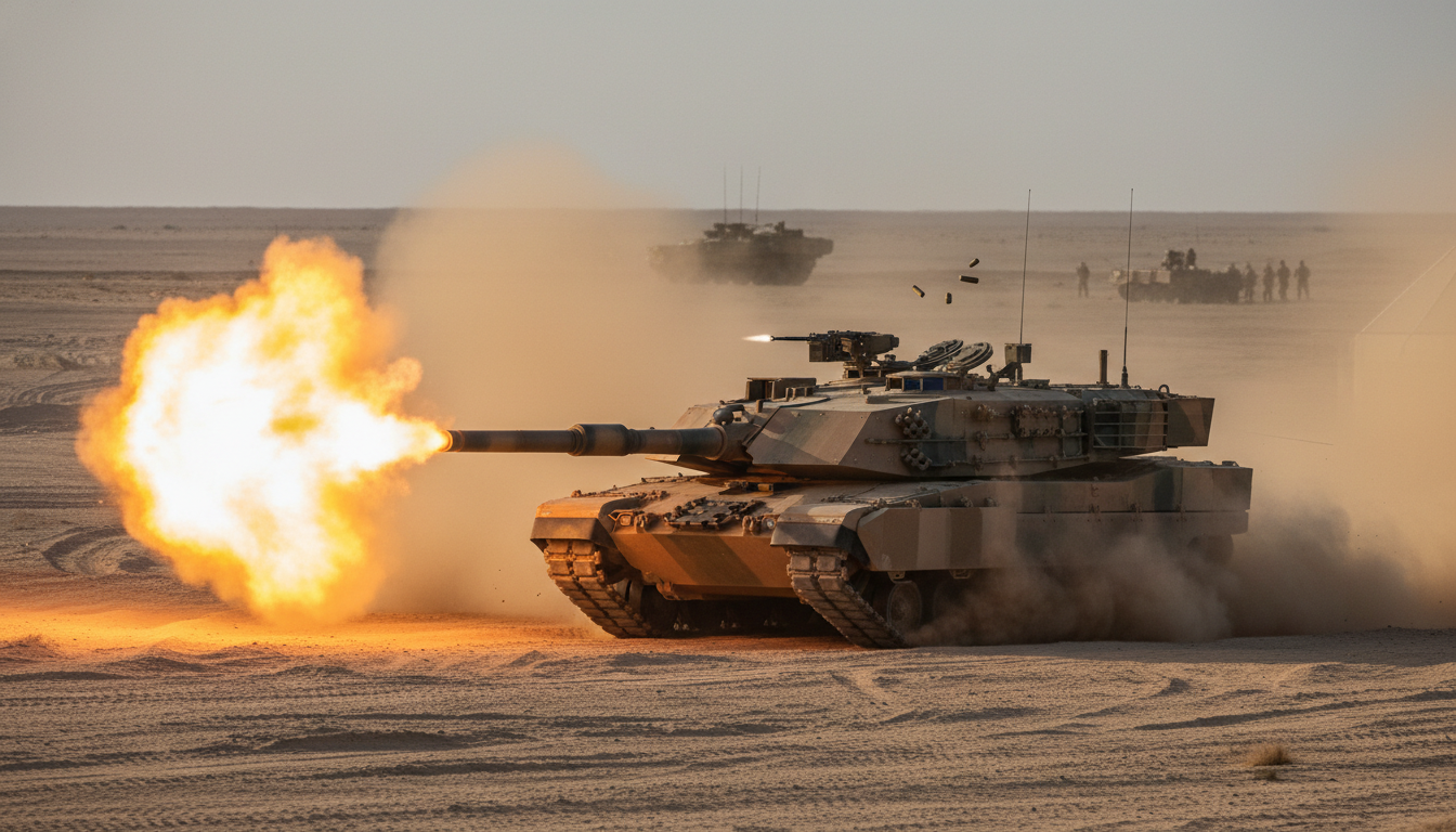 강력한 화력을 뿜어내며 기동 중인 현대로템의 K2 흑표 전차