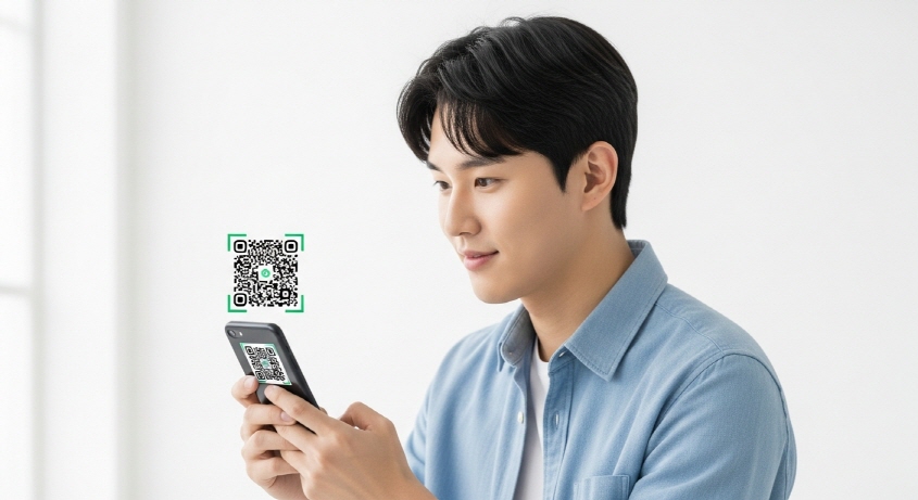 QR코드를 스캔하는 청년