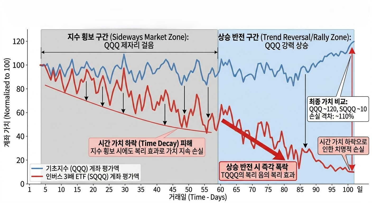 지수 횡보 및 상승 반전 시 SQQQ(인버스 3배 레버리지 ETF)의 수학적 함정