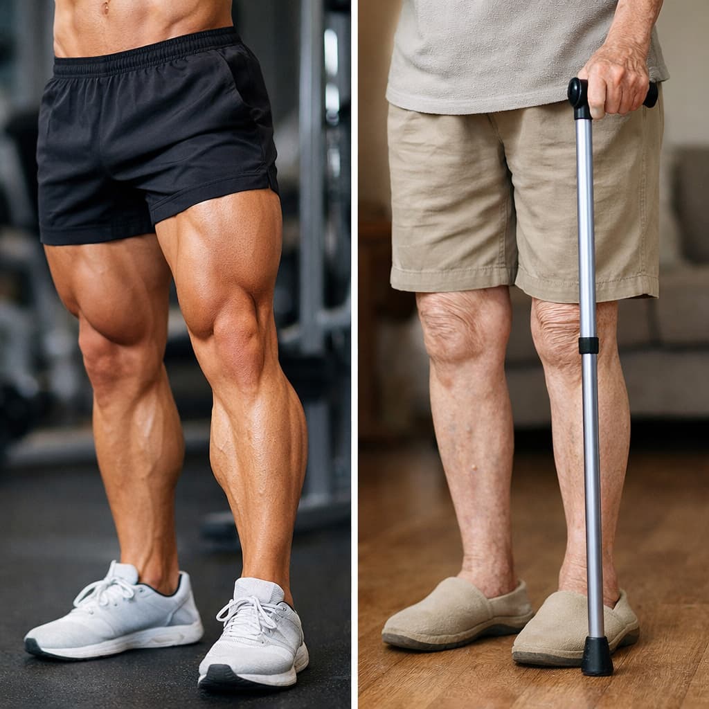 젊은 근육질 다리와 근육이 감소한 노년의 다리 비교