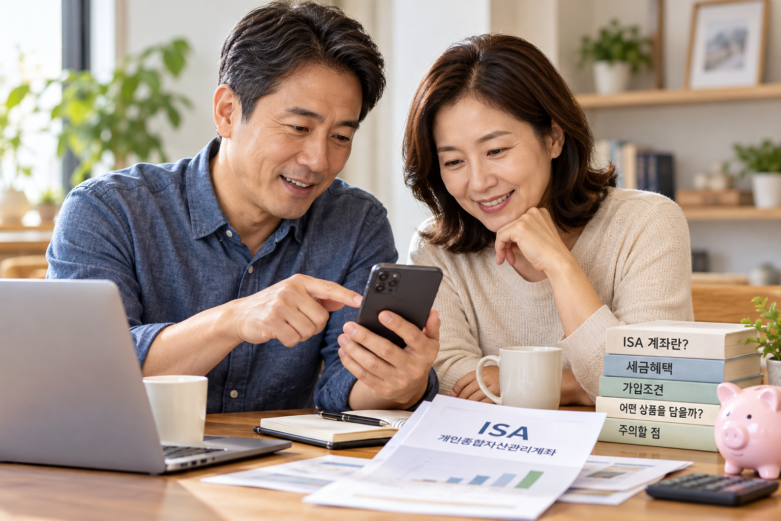 스마트폰으로 ISA 계좌에 대해 알아보는 40~50대 부부