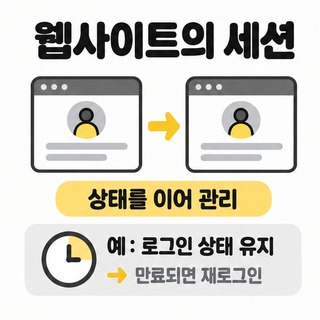 같은 사용자 표시가 있는 두 웹페이지를 화살표로 연결하고 로그인 상태 유지와 만료 후 재로그인을 안내한 그림