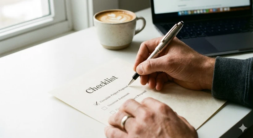 하얀 책상 위에서 만년필을 쥔 손이 체크리스트 항목을 꼼꼼하게 체크하고 있는 모습입니다. 배경에는 노트북과 커피가 흐릿하게 보여 직장인의 책상임을 암시하며, 햇살이 비치는 따뜻하고 정돈된 분위기입니다.