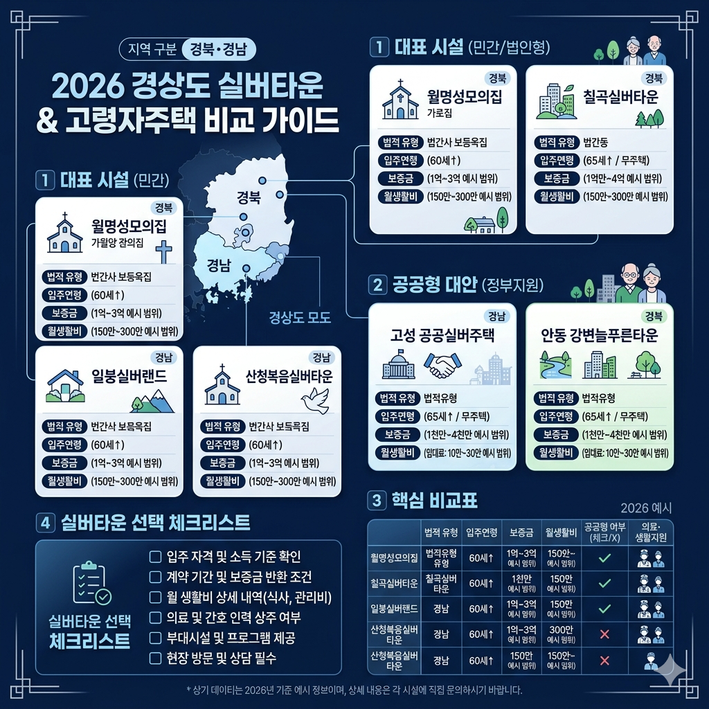 경상도 실버타운 경북&middot;경남 대표 시설, 공공실버주택 대안, 입주조건과 비용 확인법 인포그래픽