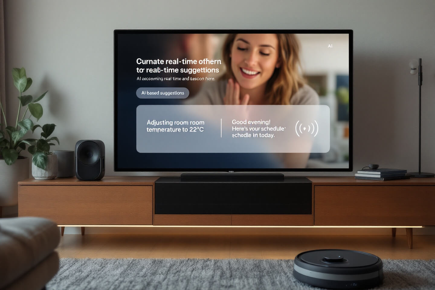 거실에 설치된 대형 스마트 디스플레이 화면에 AI 음성 비서가 실시간으로 환경 제어 정보를 제공하는 모습. 사용자가 음성 명령으로 온도와 조명을 조절하는 장면입니다