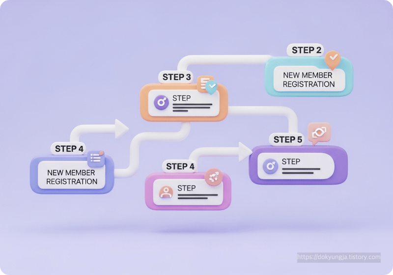 화살표로 연결된 5단계 신규 가입자 신청 절차를 나타내는 플로우차트 3D 일러스트
