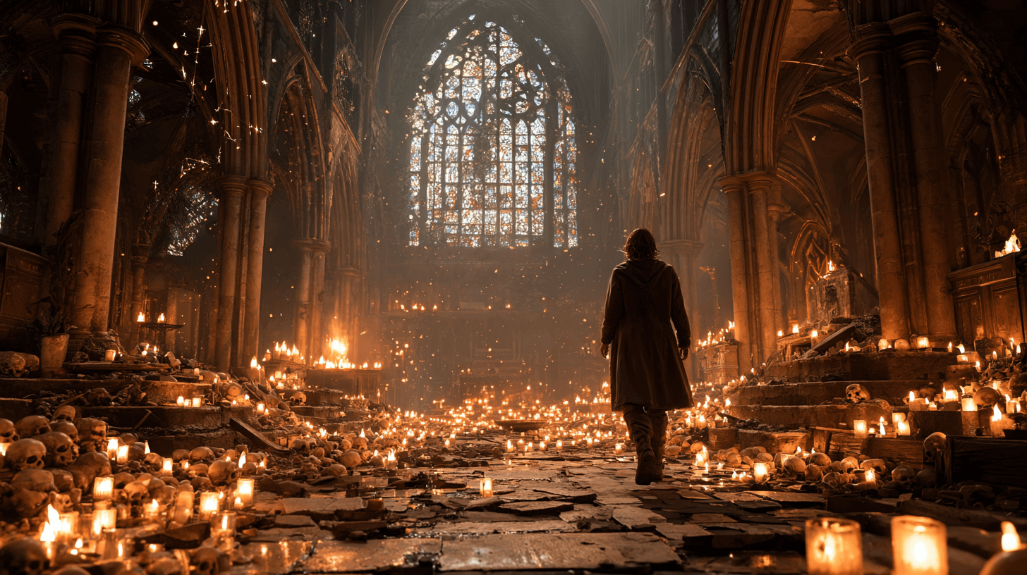 수십개의-촛불이-켜져있는-성당에-서-있는-사람