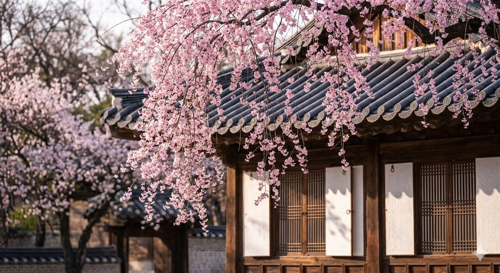 ▲ 고즈넉한 한옥 처마 아래로 흐드러지게 핀 분홍색 벚꽃 (AI 생성)