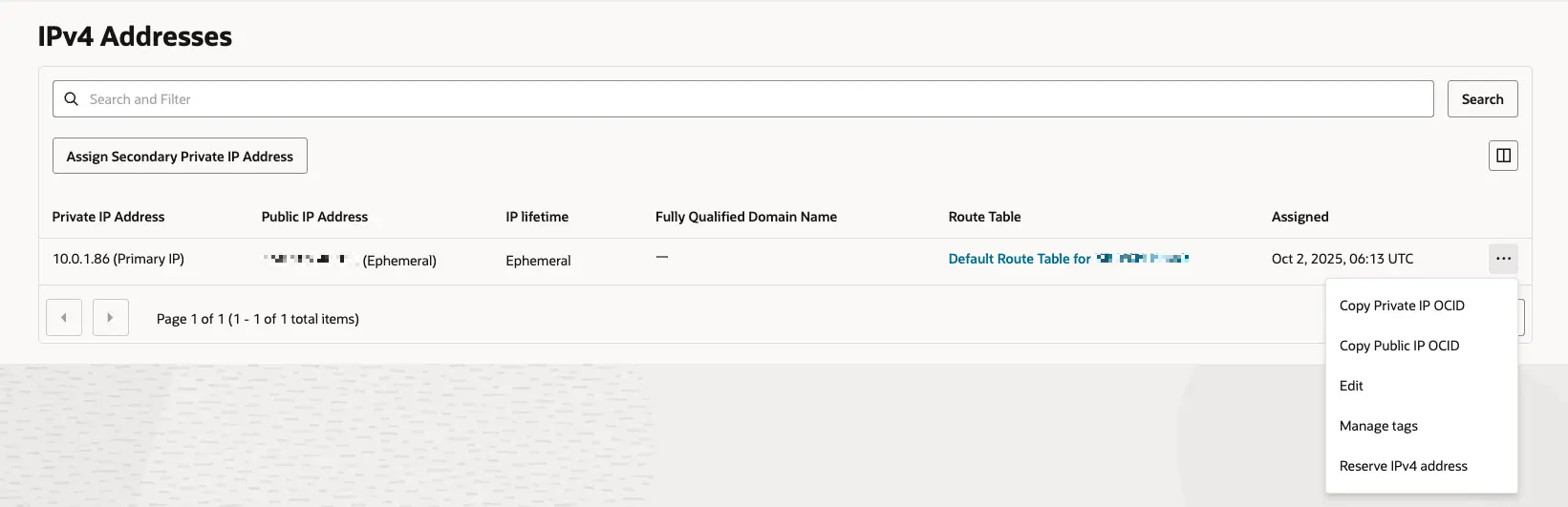 오라클 클라우드 - VNIC Details - IP administration - Sub menu