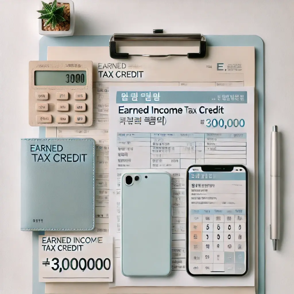 하얀 배경 위에 정리된 근로장려금 신청 서류, 계산기, 정부 포털이 켜진 스마트폰, 300만원 메모지의 전문 스튜디오 촬영 사진
