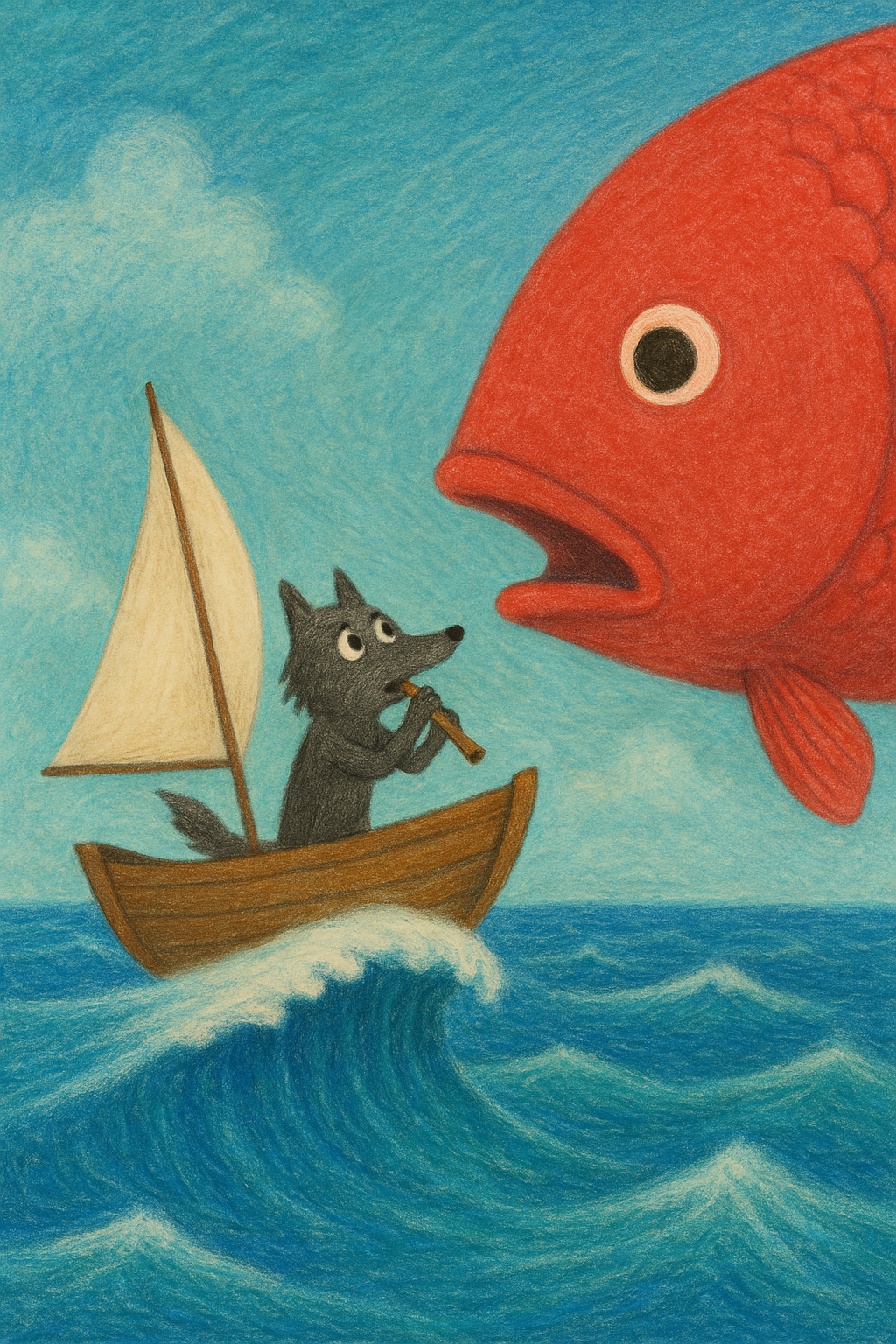 늑대가 아주 커다란 물고기를 만나는 장면의 그림