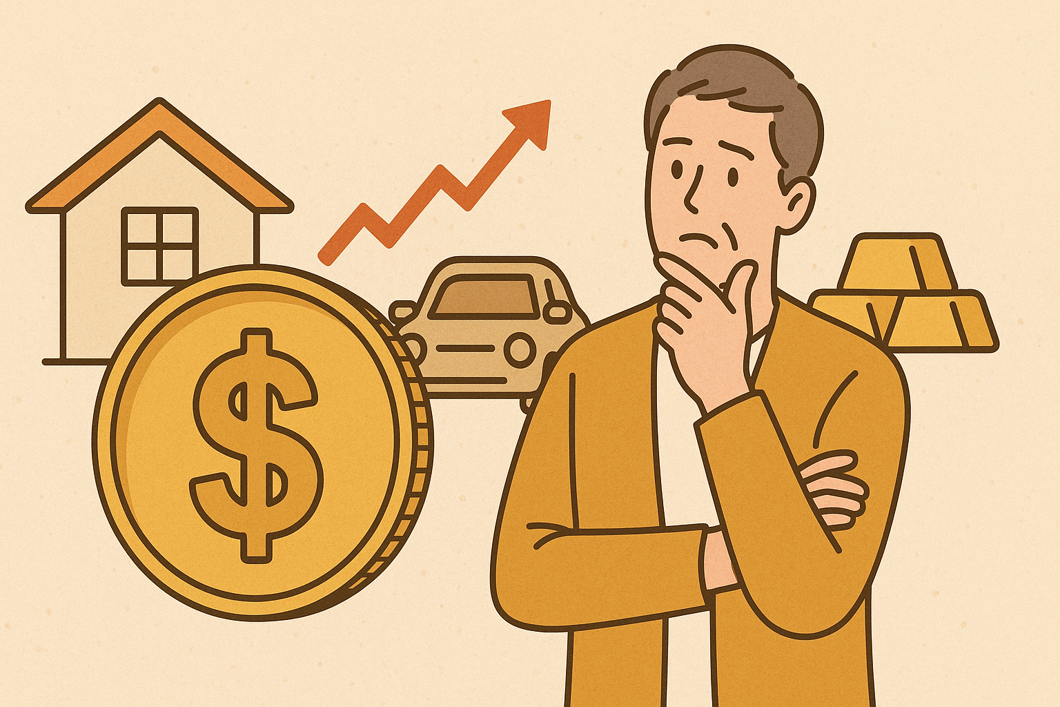 금값 상승과 경제 불안을 고민하는 남성의 일러스트, 배경에는 금괴와 달러, 집, 자동차, 상승 그래프가 함께 배치되어 자산 균형과 불안을 상징