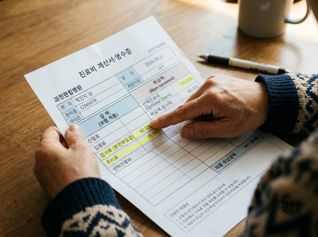 진료비 영수증에서 급여와 비급여 항목을 구분해 확인하는 모습