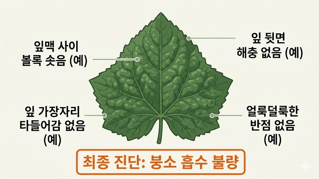 오이 잎의 굴곡 현상이 붕소 결핍인지 확인하는 진단 트리 인포그래픽. 잎맥 사이 융기 유무, 변색 여부, 해충 흔적 유무를 단계별로 체크하여 생리장해를 확진하는 흐름도