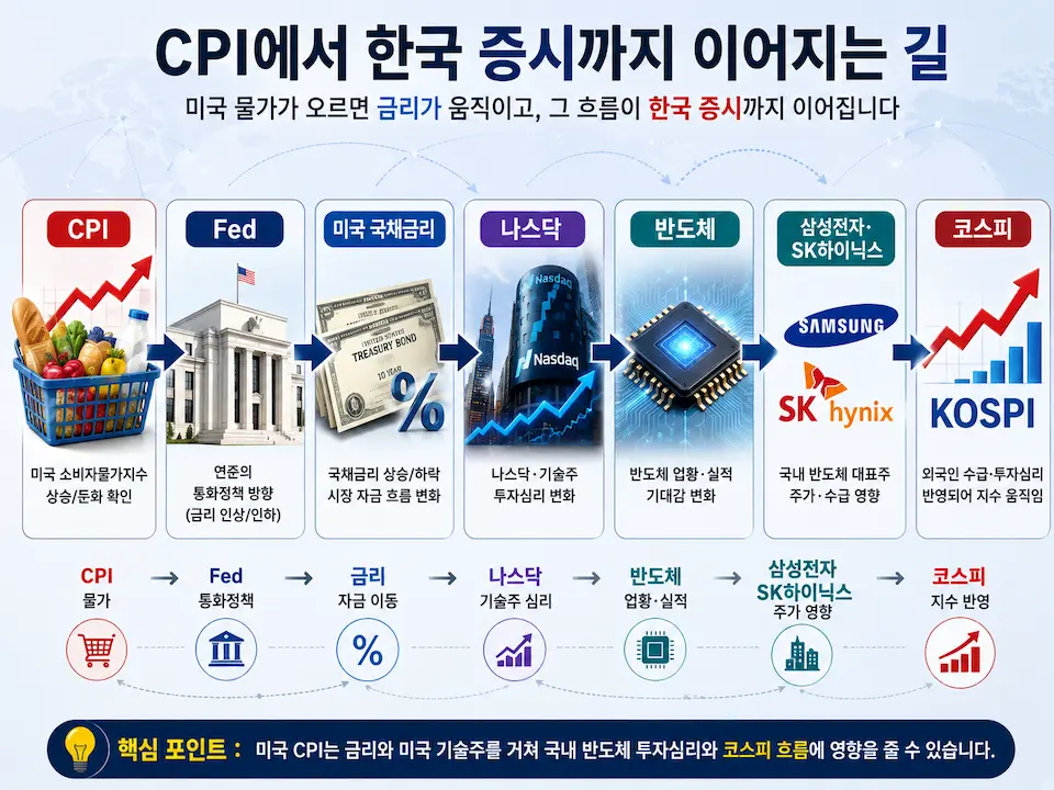 국 CPI에서 금리와 나스닥 반도체를 거쳐 삼성전자 SK하이닉스와 코스피로 이어지는 흐름도