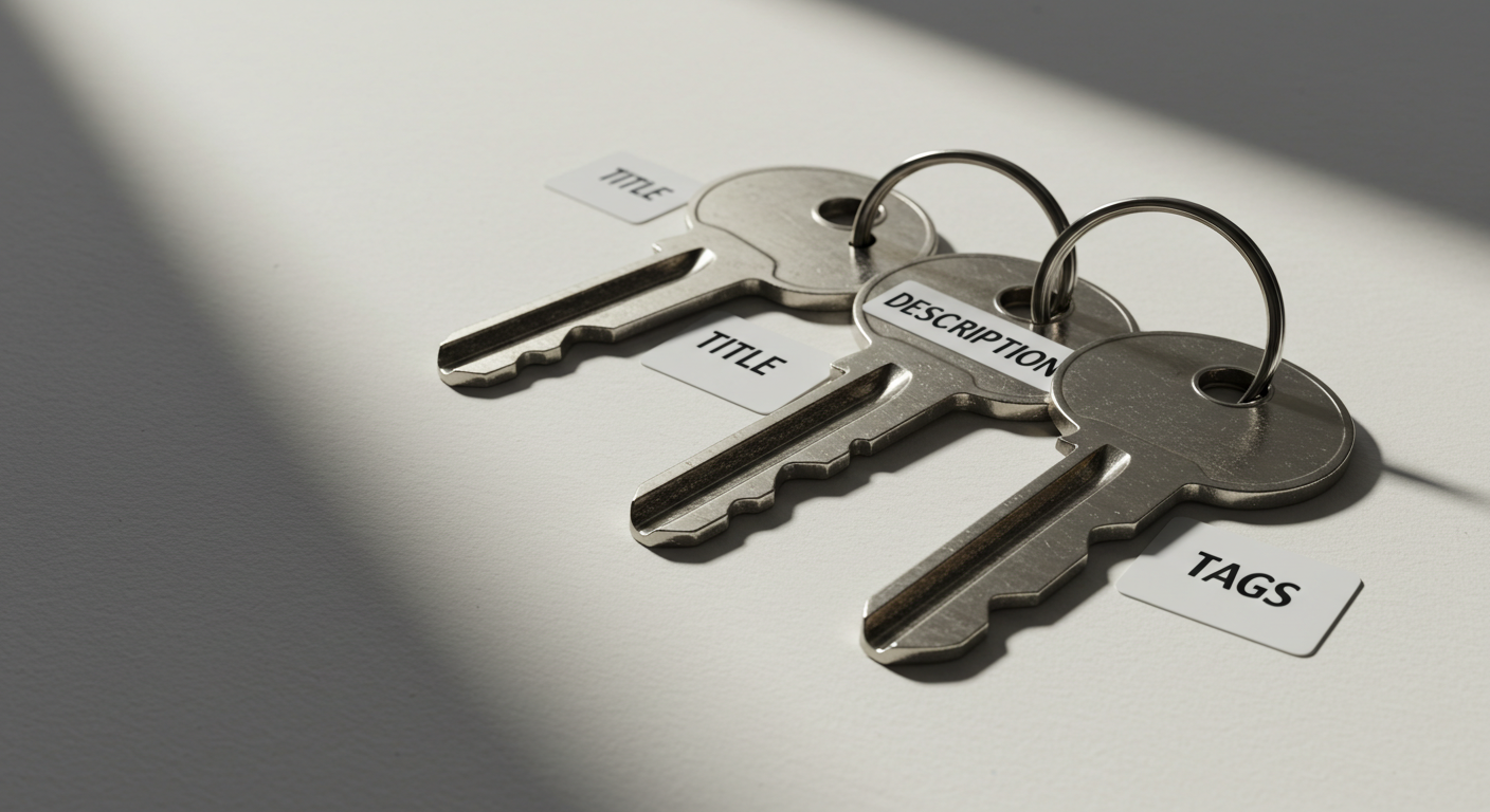 제목&middot;설명&middot;태그를 상징하는 세 개의 열쇠로 푸드 콘텐츠 메타 전략을 표현한 상징 이미지