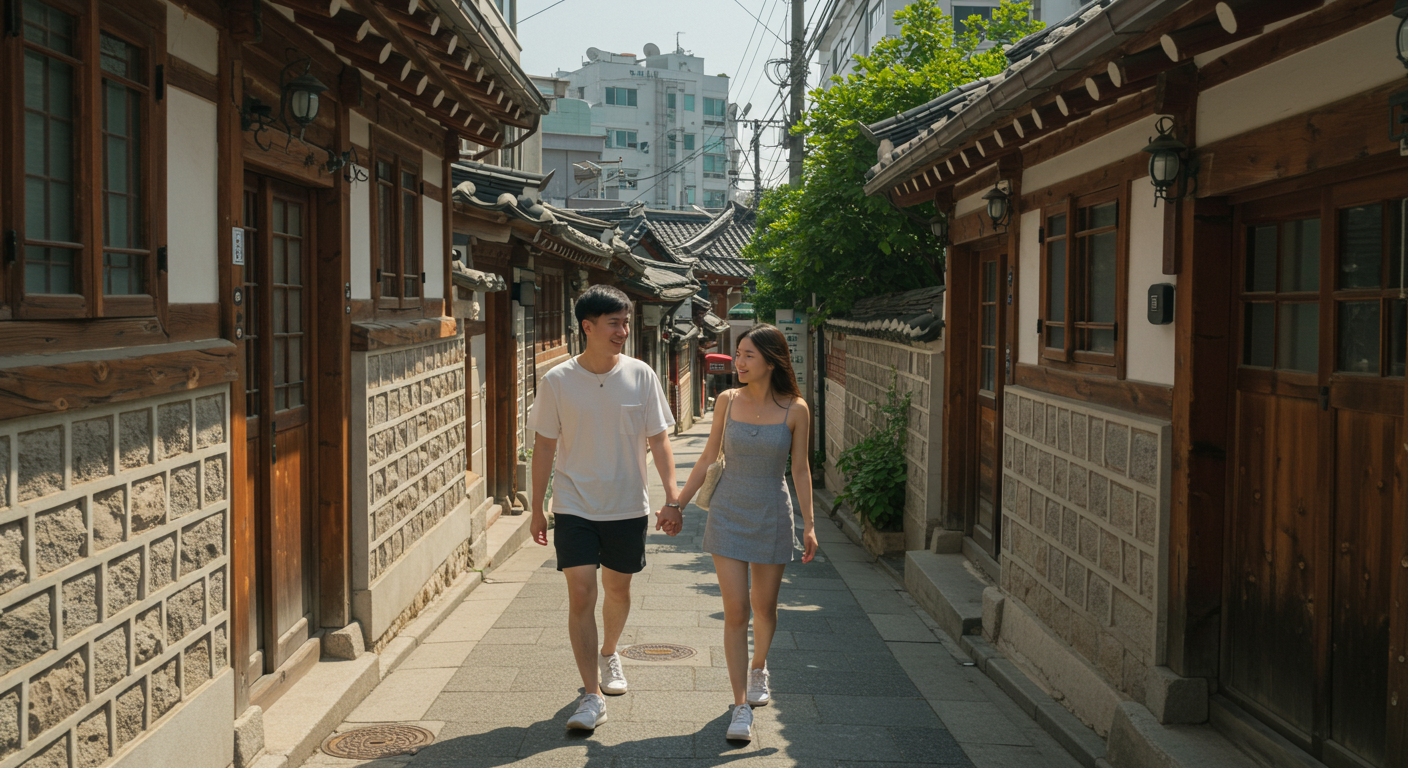 따뜻한 햇살 아래 광주 양림동의 고즈넉한 골목길을 걷는 커플