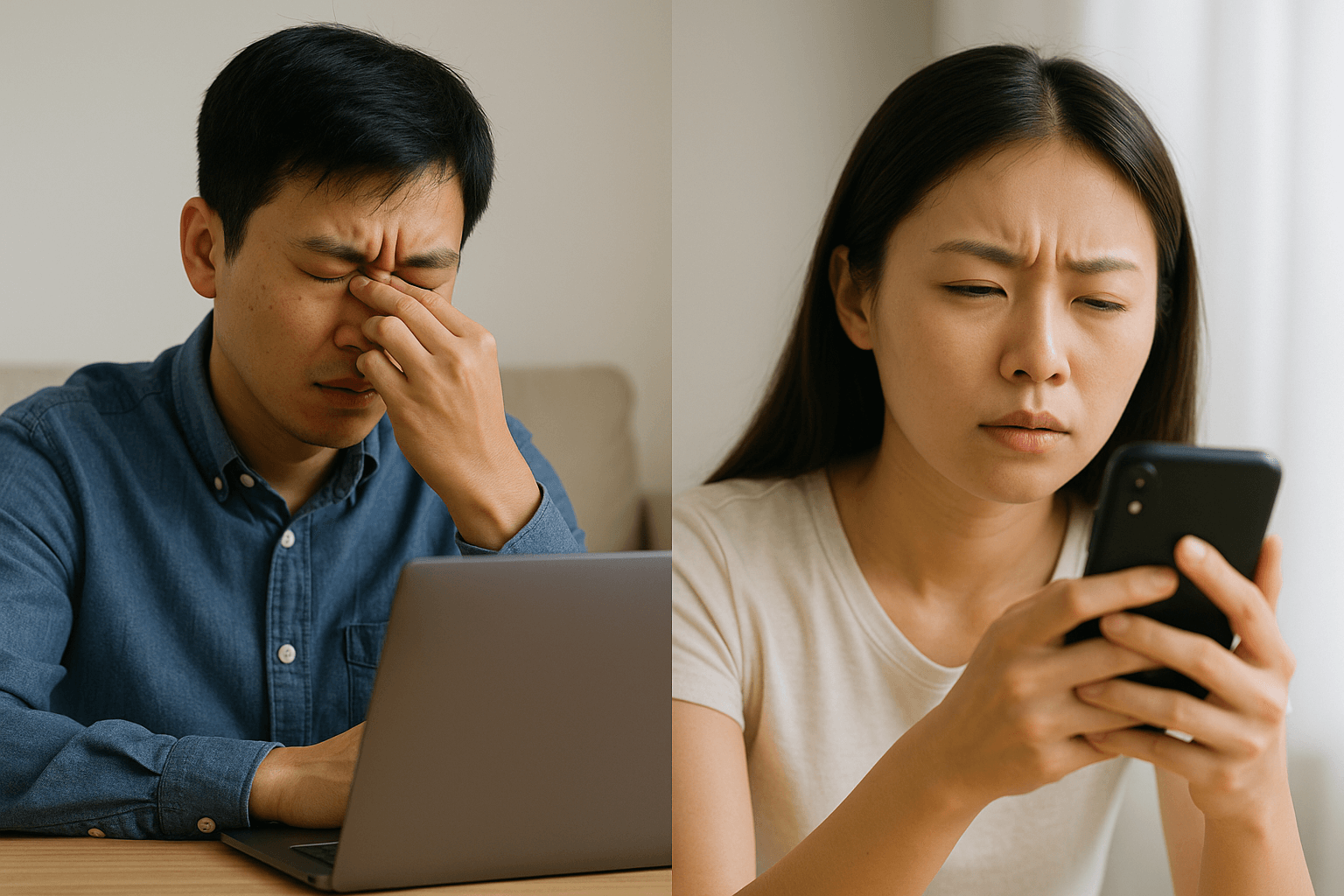 장시간 디지털 기기 사용으로 눈에 피로감을 느끼는 남성과 스마트폰 화면을 응시하는 여성의 모습