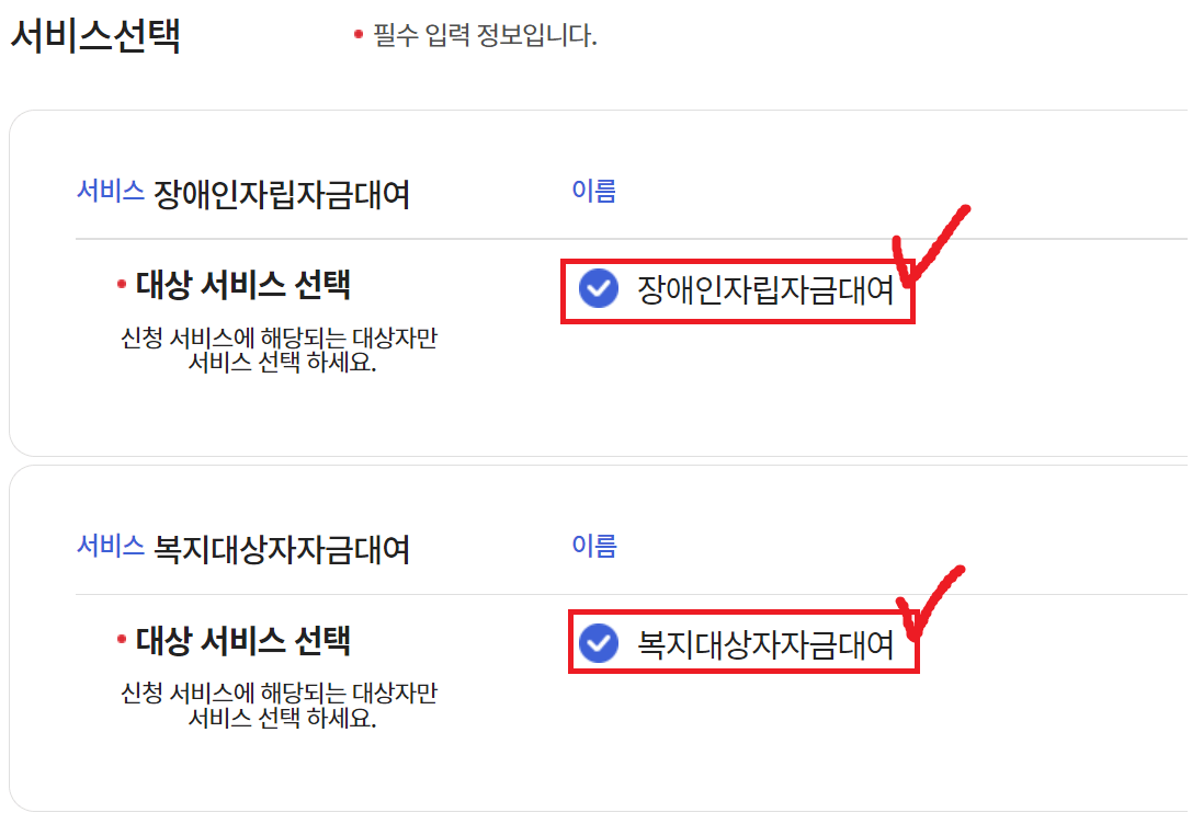 장애인 자립자금 대여 서비스 선택