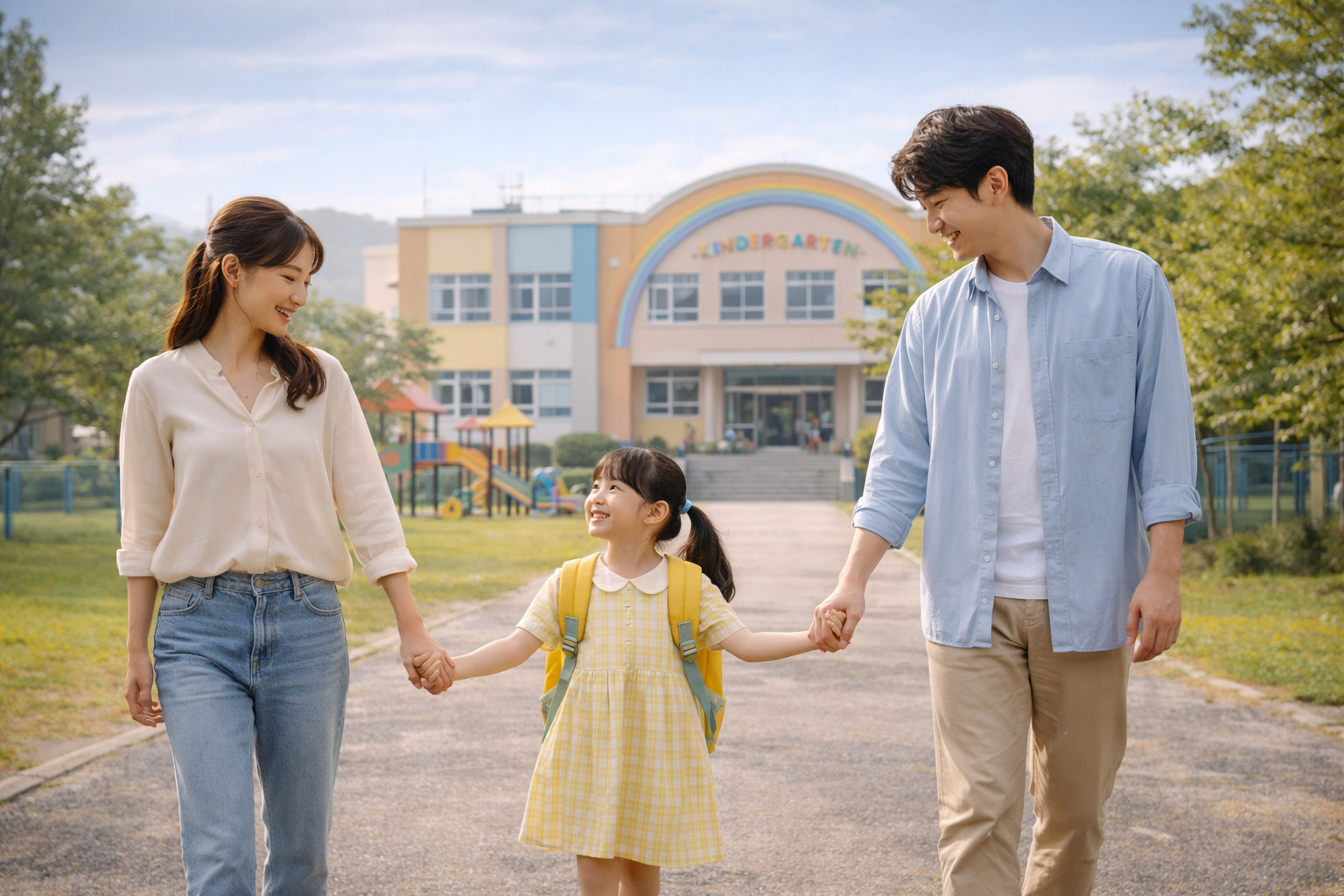 넓은 배경의 유치원 앞에서 젊은 부부가 아이의 손을 잡고 함께 등원하는 따뜻한 모습