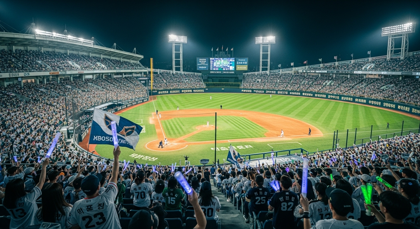 2025년 KBO리그 1200만 관중을 기록한 경기장의 열정적인 모습. 수많은 야구팬들이 응원봉을 흔들며 환호하고 있다.