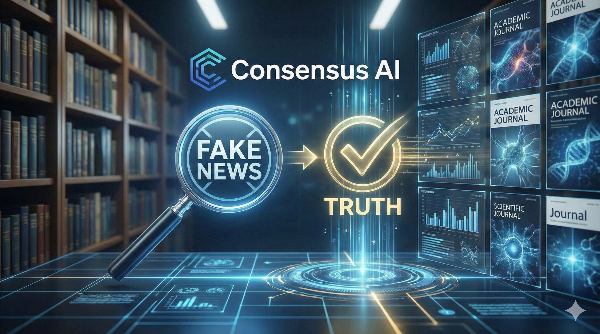 학술 논문 기반의 AI 팩트체크 도구 Consensus AI를 활용하여 정보의 신뢰성을 검증하는 전문적인 이미지
