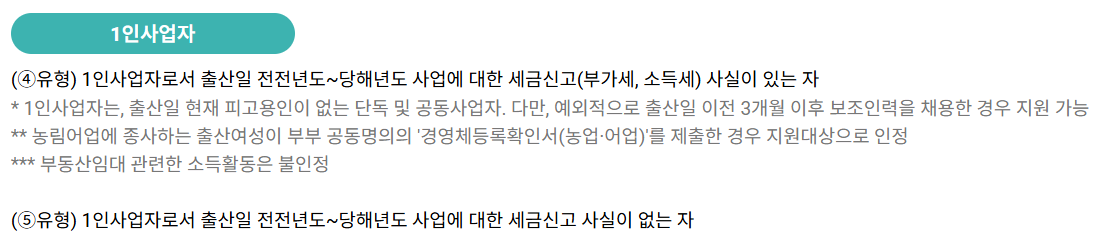 출산일 현재의 소득 활동 유형 중 1인 사업자에 해당하는 설명사항