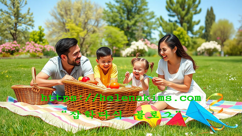 공원에서 즐거운 한 때를 보내고 있는 가족들