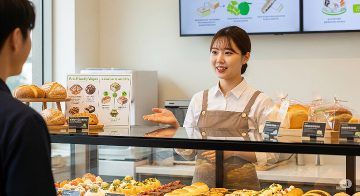 친환경 비건 베이커리 제품을 설명하는 가게 직원
