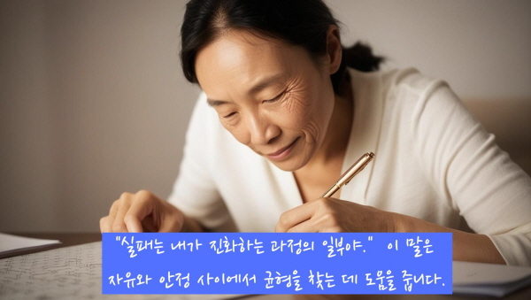 &ldquo;실패는 내가 진화하는 과정의 일부야.&rdquo;이 말들은 자유와 안정 사이에서 균형을 찾는 데 도움을 줍니다.