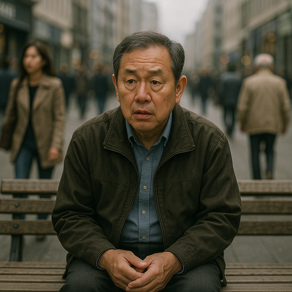 치매노인이 벤치에서 주변을 혼란스럽게 바라보는 모습