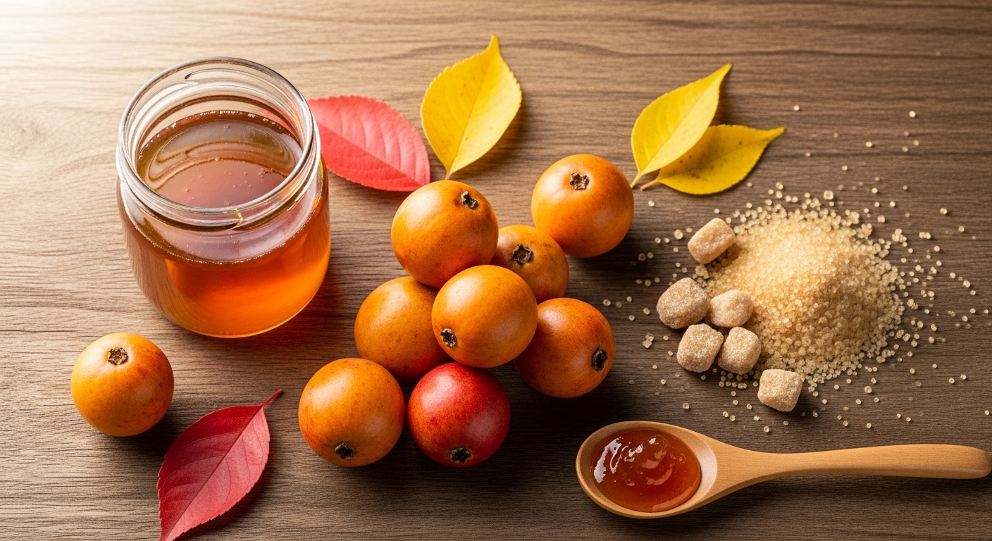 고욤청을 만드는 데 사용되는 잘 익은 고욤나무 열매와 설탕, 완성된 고욤청 병이 정갈하게 놓여 있습니다.