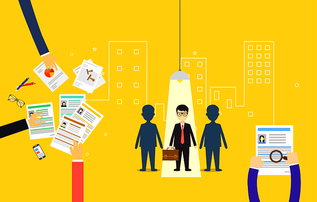 검정 양복을 입은 직장이이 서 있다 양 옆에는 그림자가 서있다. 주변엔 서류들이 널렸다.