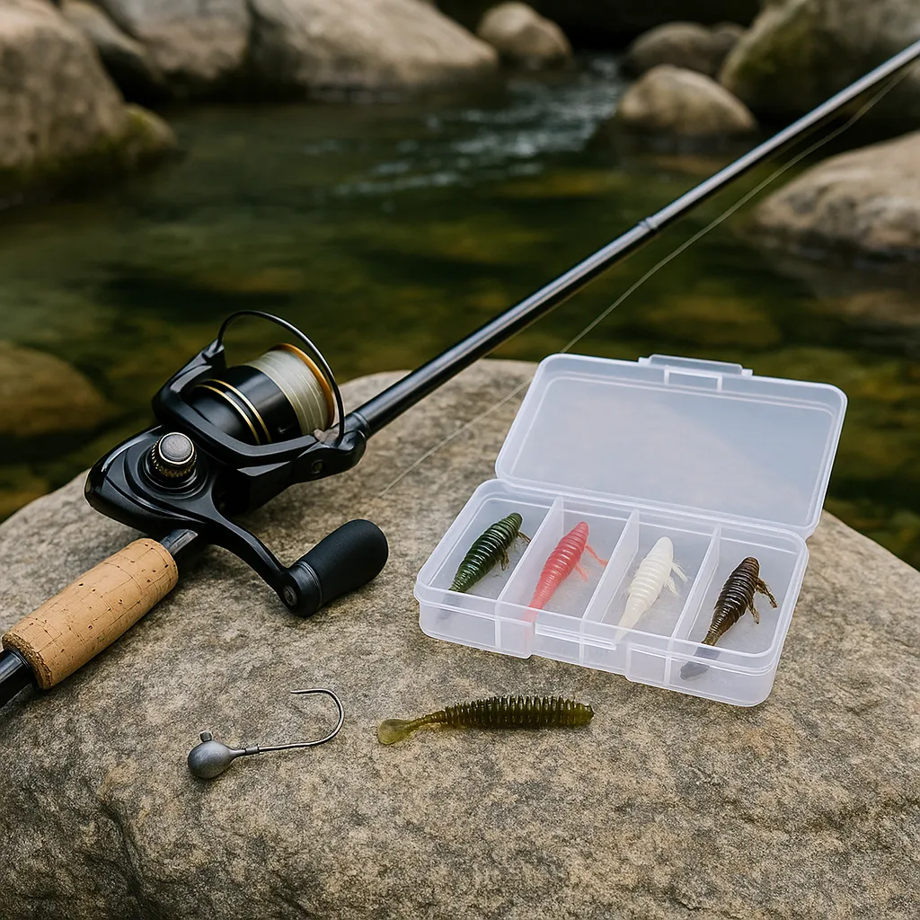 계곡 바위 위에 놓인 꺽지 루어낚시 장비와 채비 구성