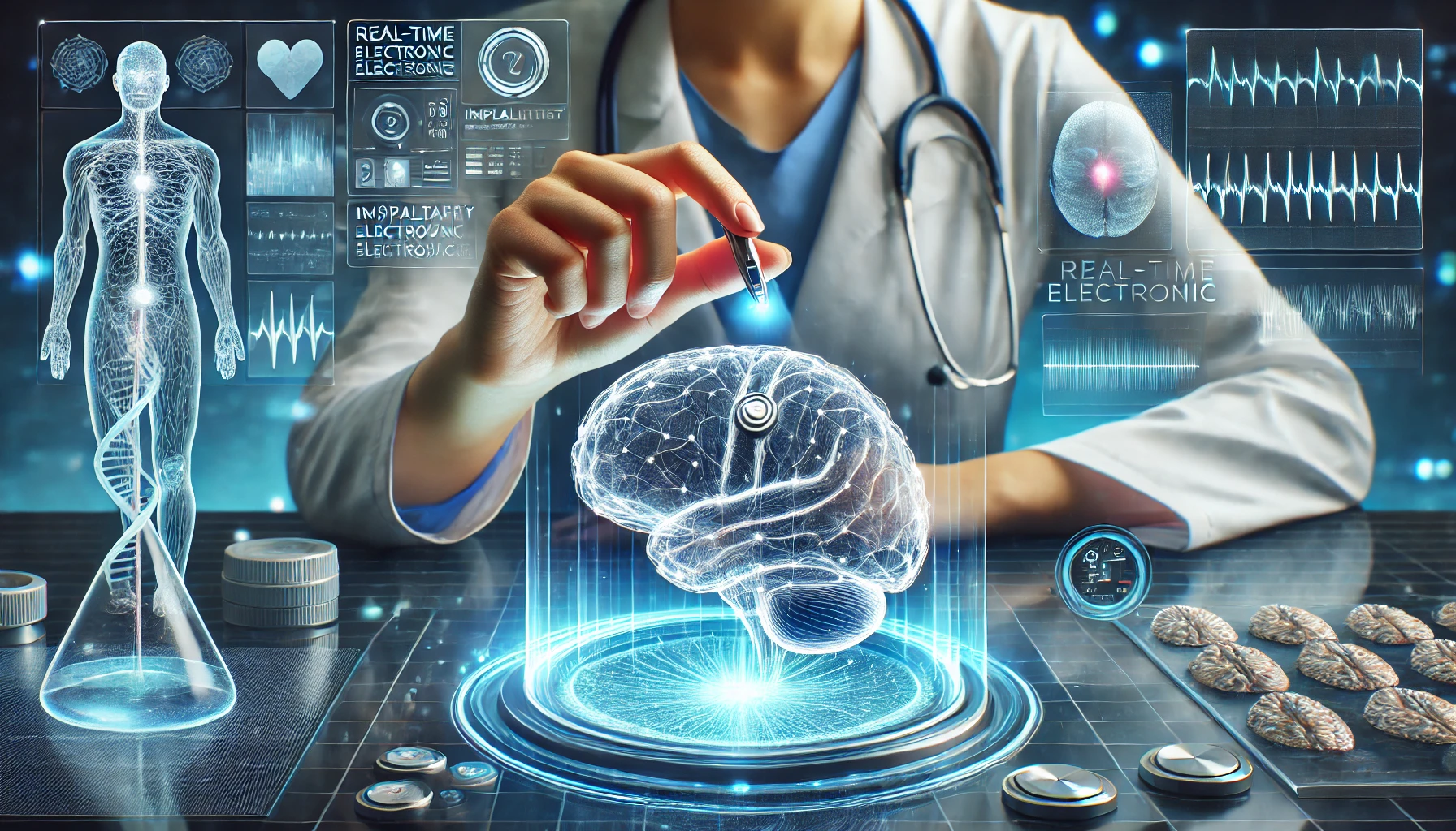 A doctor in a high-tech lab is adjusting a compact, implantable electronic device