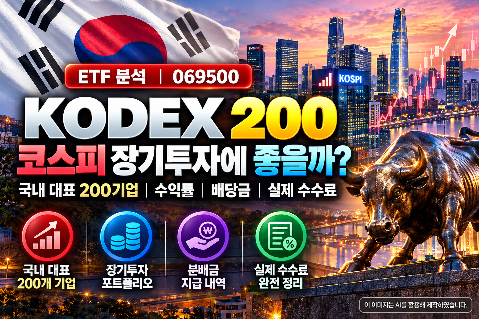 KODEX 200 ETF 장기투자 분석, 태극기와 서울 금융가 및 코스피 상승 차트를 배경으로 국내 대표 200개 기업, 수익률, 분배금, 실제 수수료를 표현한 대표 이미지