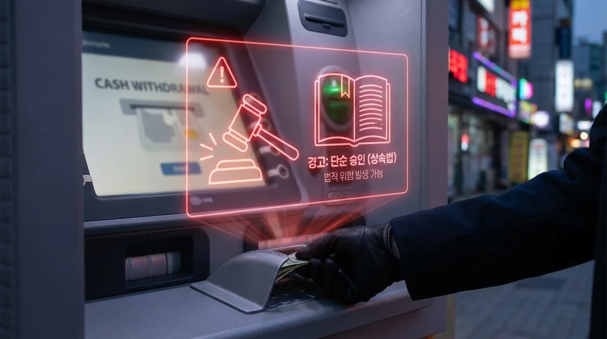 ATM에서 현금을 인출하려는 손 앞에 법봉과 '단순승인' 문서가 경고 홀로그램으로 나타나, 사망 후 무단 인출의 법적 위험을 경고하는 이미지