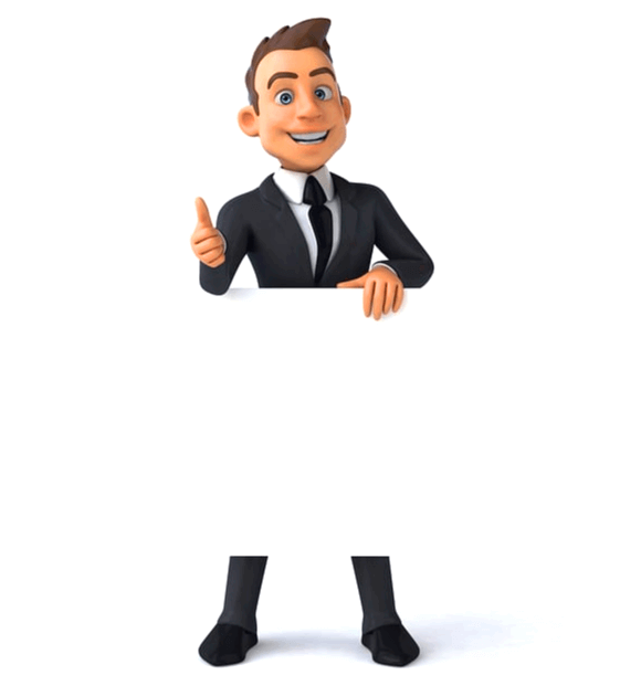 검정 양복을 입은 젊은 남자가 하얀 표지판을 들고 서 있다. 얼굴이 매우 밝고 자신감이 넘친다.