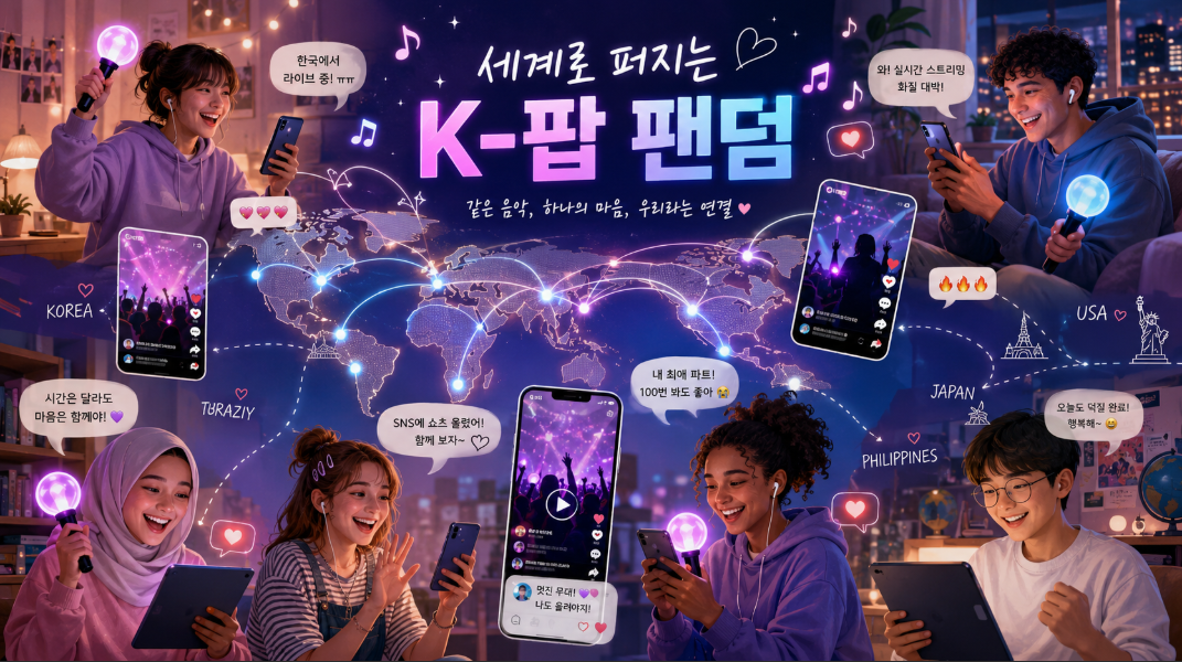 세계 각국의 K-팝 팬들이 온라인과 공연을 통해 글로벌 팬덤을 확산시키는 이미지