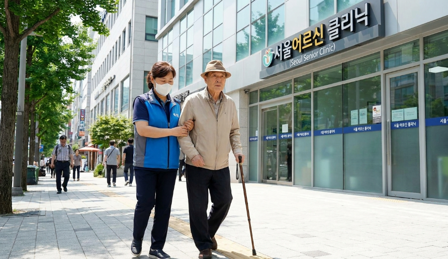 어르신과 함께 병원 재진료 동행을 하거나 필수 외출을 지원하는 모습