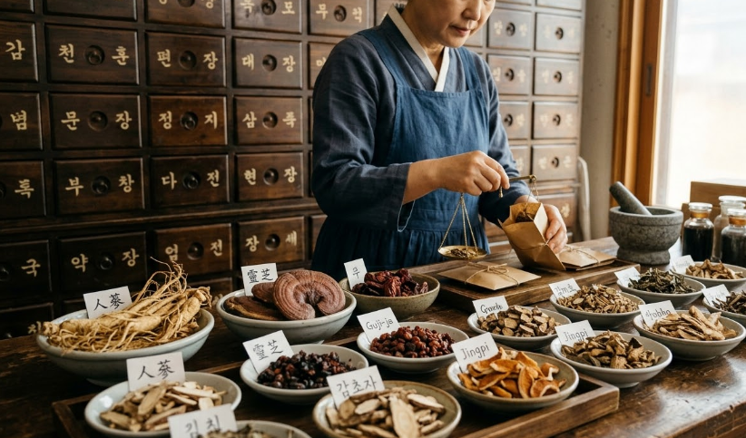한약재를 손수 만지고 있는 한의사