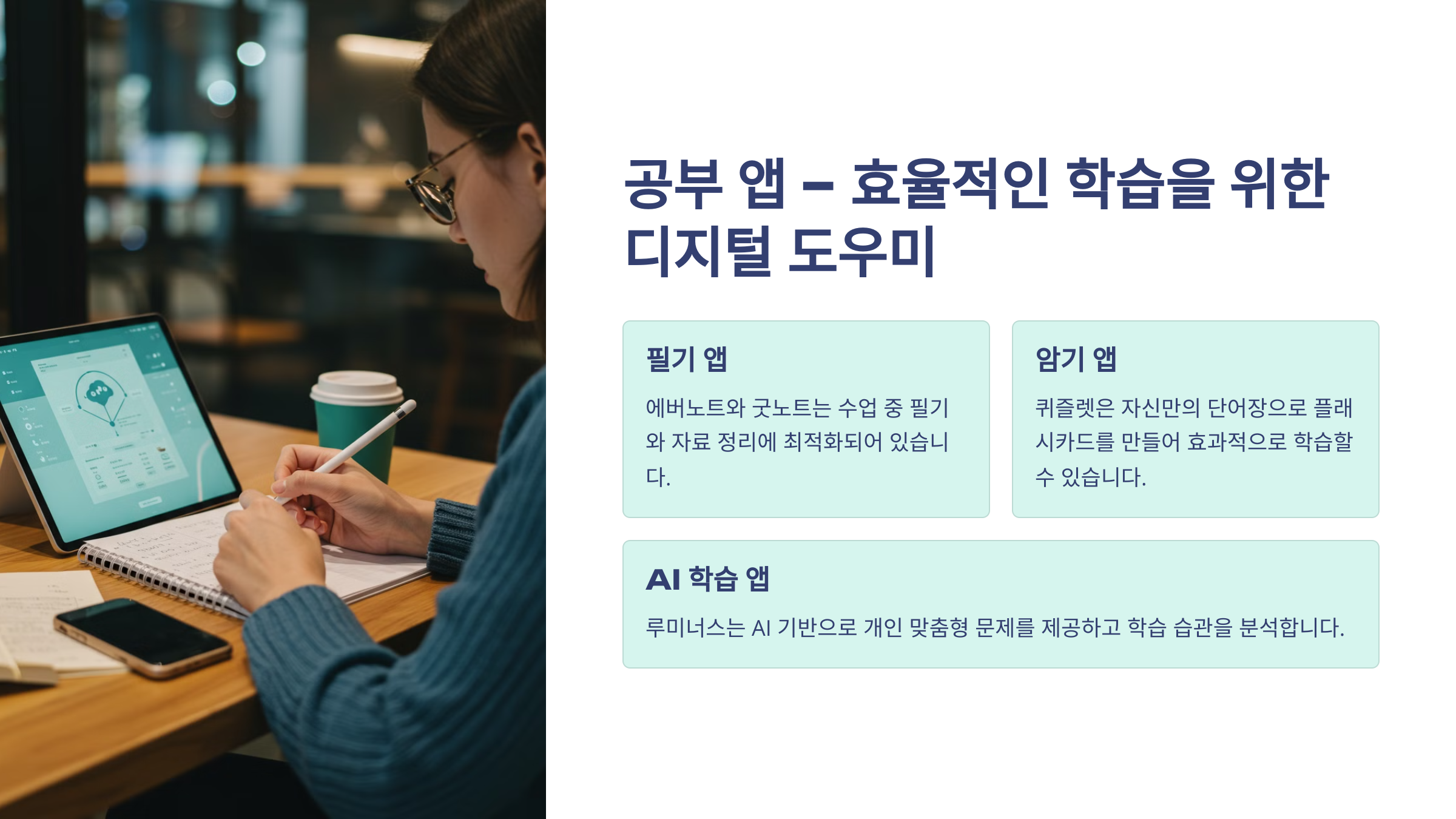 공부 앱 효율적인 학습을 위한 디지털 도우미 라는 글이 있고 아래에는 필기 앱, 암기 앱, 그리고 AI학습 앱 이라고 나열되어 있는 이미지