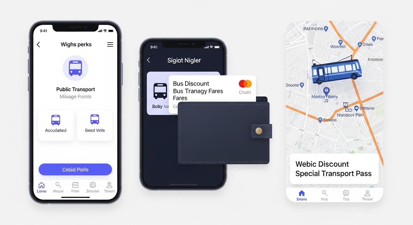 스마트폰 화면에 대중교통 마일리지, 카드 할인 혜택, 그리고 지역 특화 교통패스 정보가 표시된 모습. 다양한 대중교통 혜택을 시각적으로 보여줍니다.