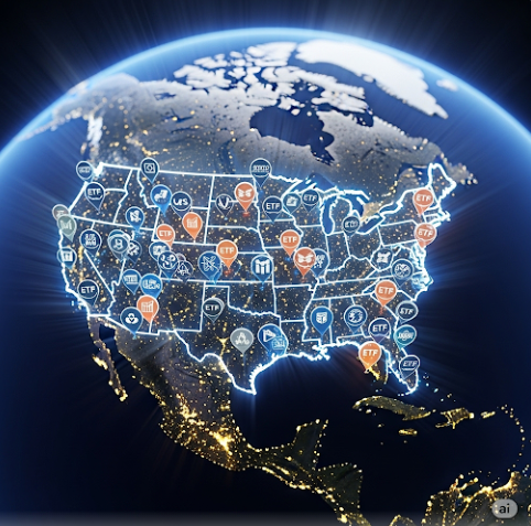 지구본 위에 미국 지도가 강조되어 있고, 그 위에 여러 ETF를 상징하는 아이콘이 겹쳐져 있는 이미지. 글로벌 투자에서 미국 ETF의 중요성을 상징