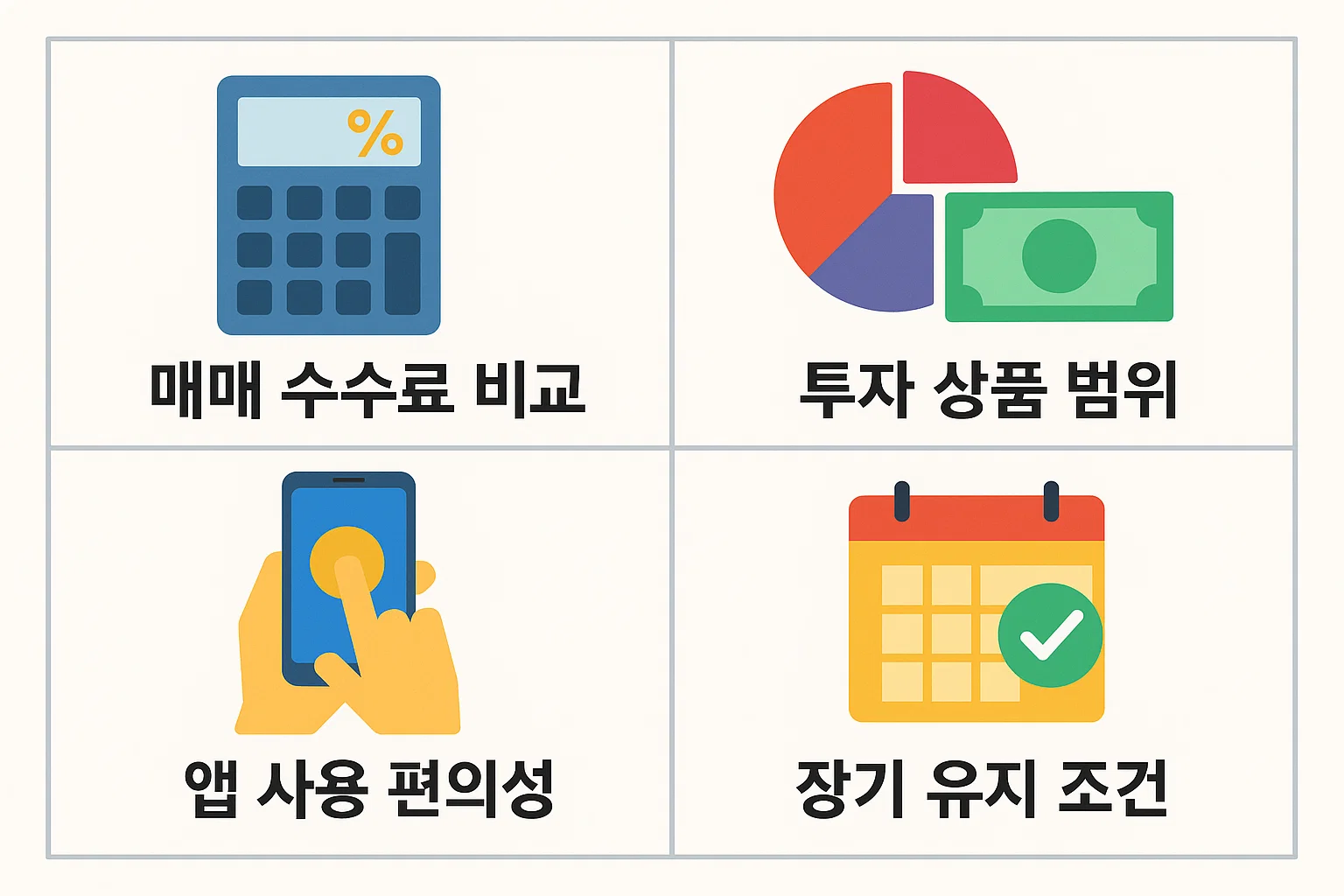 매매 수수료 비교, 투자 상품 범위, 모바일 앱 사용 편의성, 장기 유지 조건 등 2025년 ISA 증권사 선택 시 꼭 확인해야 하는 주요 기준을 정리한 인포그래픽입니다.