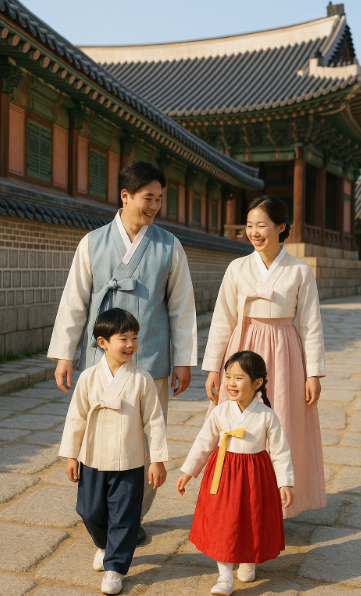 한옥 마을에서 한복 입고 체험하고 있는 모습