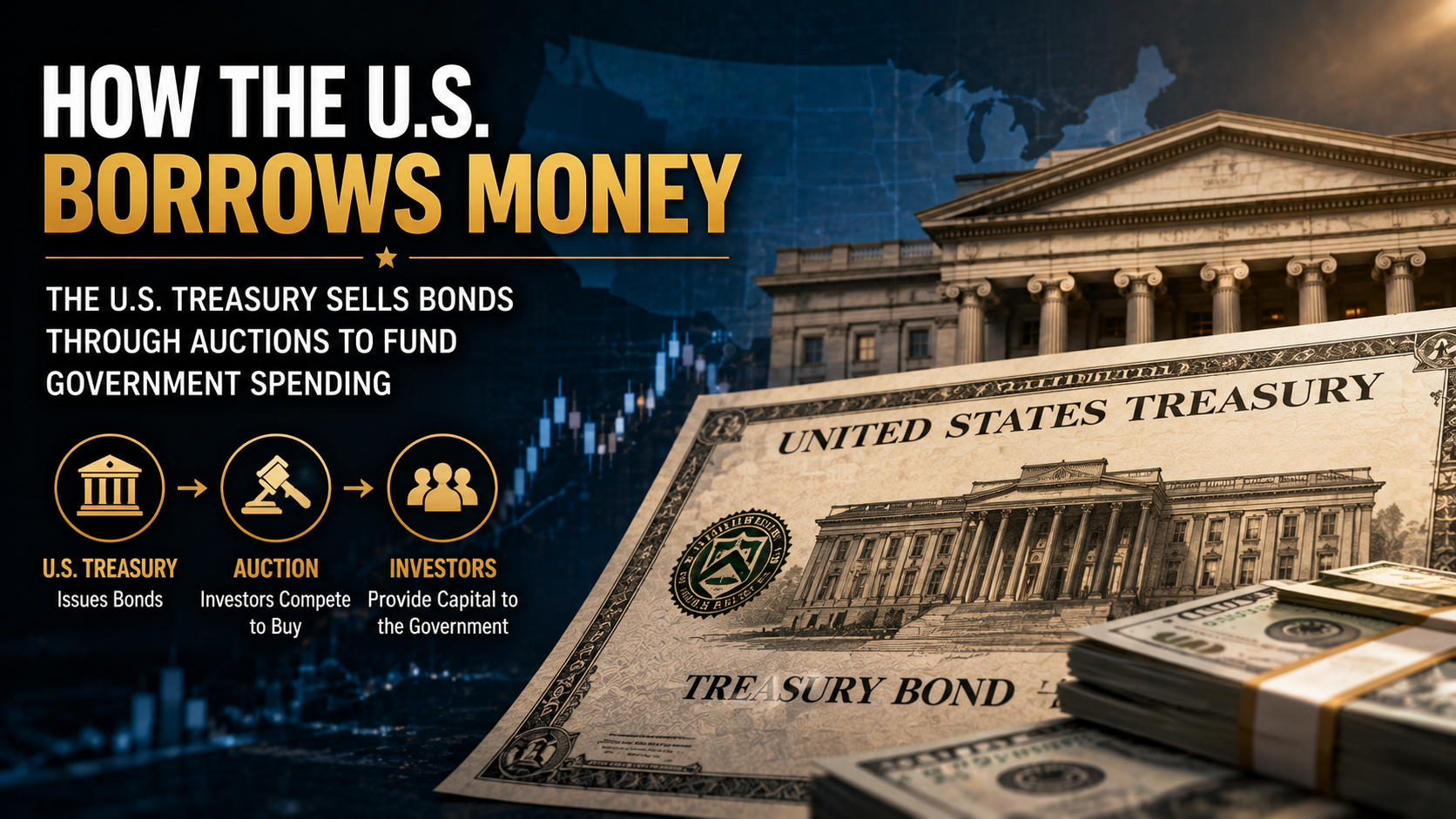 Infographic showing how the U.S. Treasury raises money by auctioning government bonds to investors through competitive bidding.