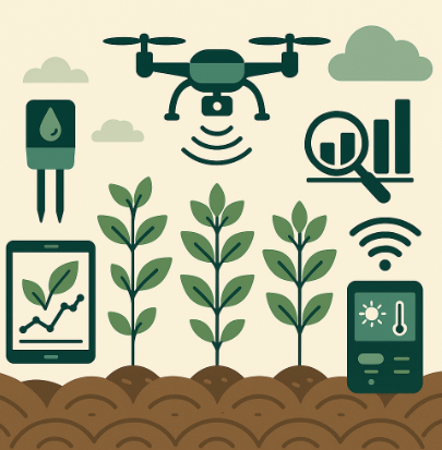 드론, 센서, 태블릿 등 스마트 장비로 농작물 데이터를 분석하는 농장 모습