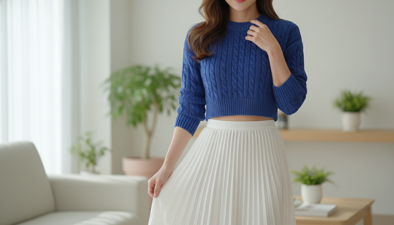 2026 S/S 트렌드 비비드 블루 크롭 니트와 클라우드 댄서 화이트 미디 스커트를 매치한 한국 여성